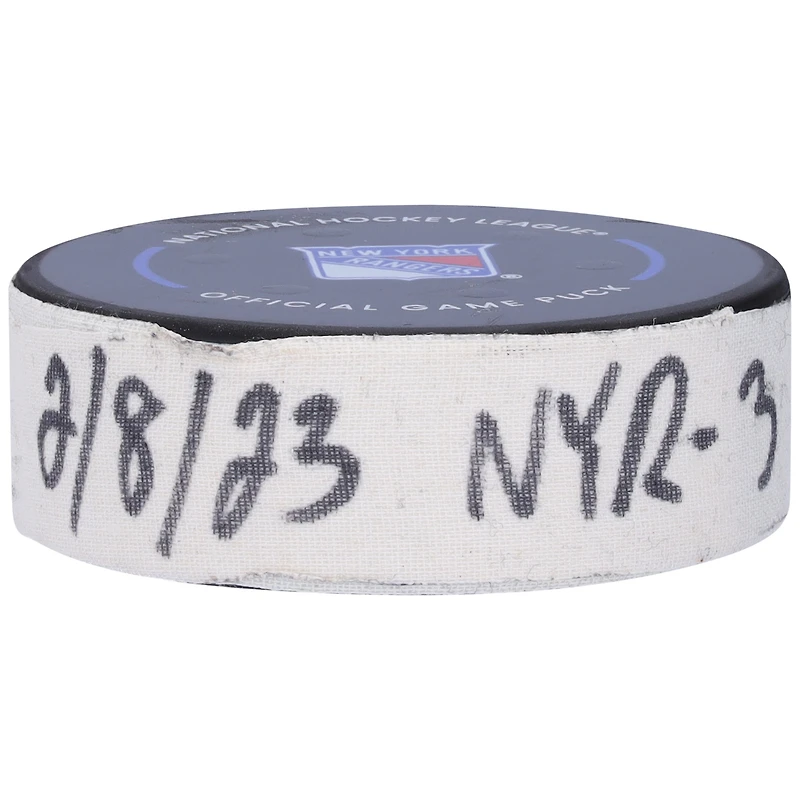 Alexis Lafreniere New York Rangers Game-Used Goal Puck from February 8, 2023 vs. Vancouver Canucks