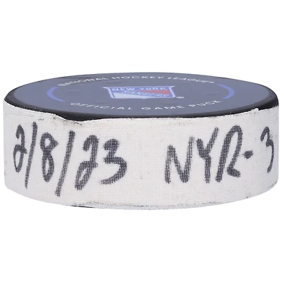 Alexis Lafreniere New York Rangers Game-Used Goal Puck from February 8, 2023 vs. Vancouver Canucks