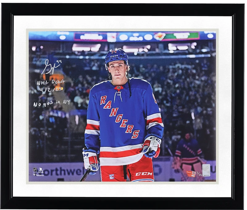 Gabe Perreault New York Rangers Autographed 16" x 20" NHL Debut Photograph with Multiple Inscriptions - Limited Edition of 25