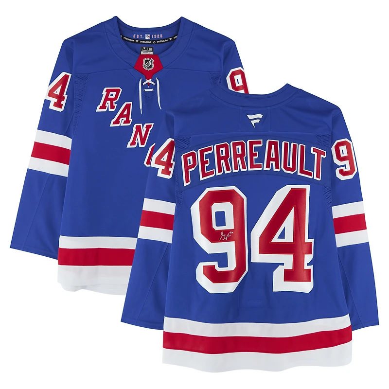 Maillot bleu autographié de Gabe Perreault, Rangers de New York, Fanatics Premium