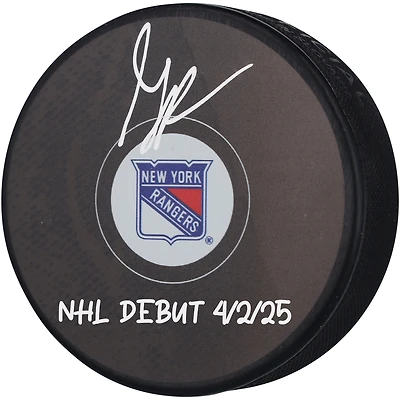 Gabe Perreault New York Rangers Autographed Hockey Puck with "NHL Debut 4/2/25" Inscription