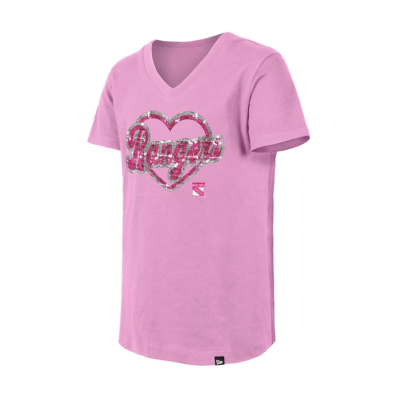 Girl's Youth New Era Pink York Rangers Flip Sequin V-Neck T-Shirt