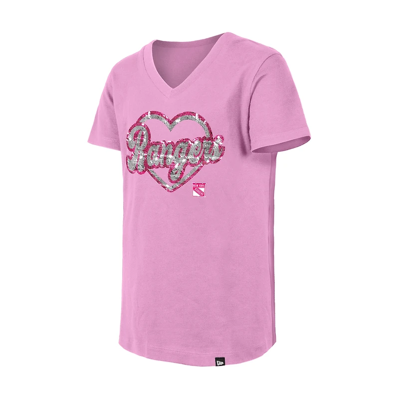 T-shirt à col en V sequins inversés rose New York Rangers de Era pour fille
