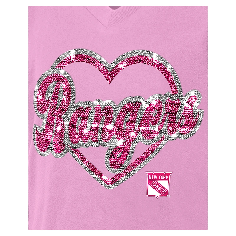 T-shirt à col en V sequins inversés rose New York Rangers de Era pour fille