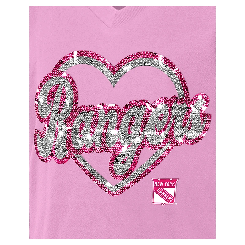 Girl's Youth New Era Pink York Rangers Flip Sequin V-Neck T-Shirt