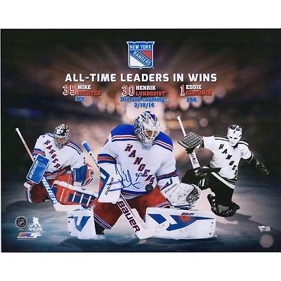 Photographie autographiée de 16" x 20" de Henrik Lundqvist des Rangers de New York, victoires de franchise, leaders