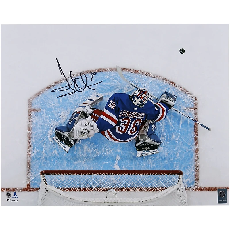 Henrik Lundqvist New York Rangers Autographed 16" x 20" Overhead Blocker Save Photograph