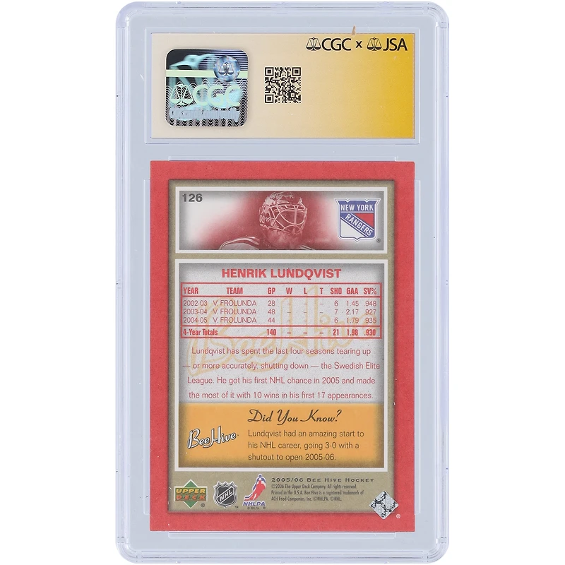 Carte de recrue autographiée de Henrik Lundqvist (New York Rangers), saison 2005-2006, Upper Deck Beehive Red, numéro 126, authentifiée par CGC Fanatics Witnessed (note 9,5/10).