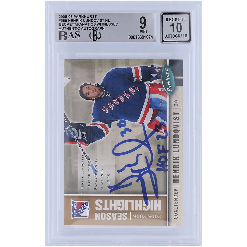 Henrik Lundqvist New York Rangers Autographed 2005-06 Upper Deck Parkhurst #599 Beckett Fanatics Witnessed Authenticated 9/10 Rookie Card with "HOF 23" Inscription