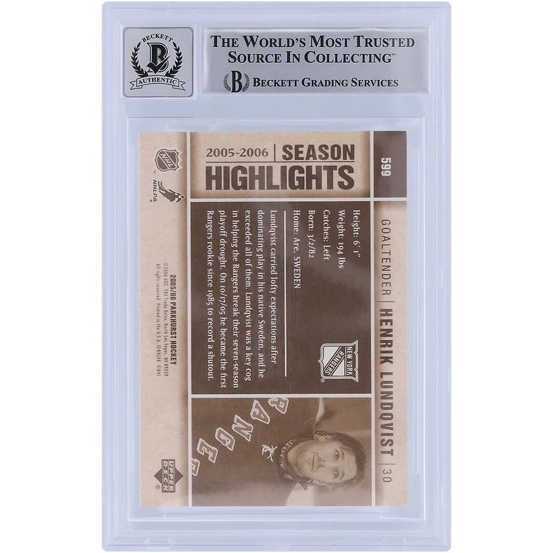 Carte de recrue 9/10 authentifiée 2005-06 Upper Deck Parkhurst #599 Beckett signée Henrik Lundqvist par les Rangers de New York avec l'inscription "HOF 23"