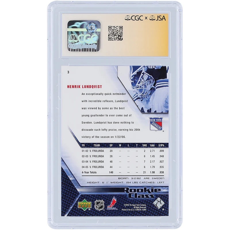 Carte de recrue autographiée de Henrik Lundqvist (New York Rangers), saison 2005-2006, Upper Deck, classe n° 3, authentifiée par CGC Fanatics Witnessed (9/10).
