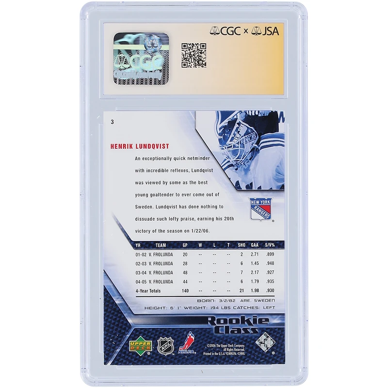 Henrik Lundqvist New York Rangers Autographed 2005-06 Upper Deck Rookie Class #3 CGC Fanatics Witnessed Authenticated 9.5/10 Rookie Card