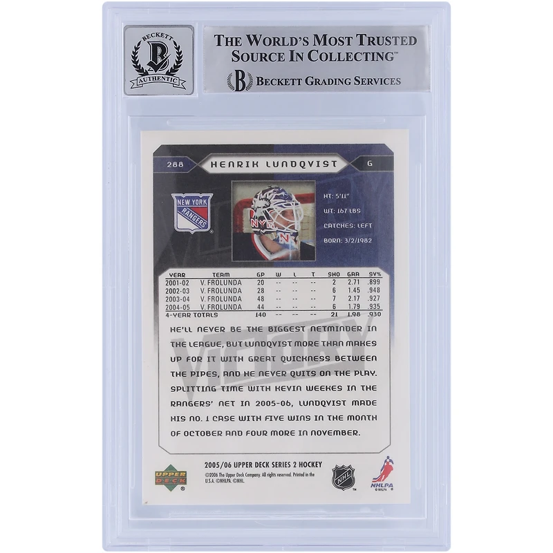 Carte de recrue 9/10 authentifiée signée par Henrik Lundqvist des Rangers de New York, Upper Deck Victory #288 2005-06, présentée par les fanatiques de Beckett