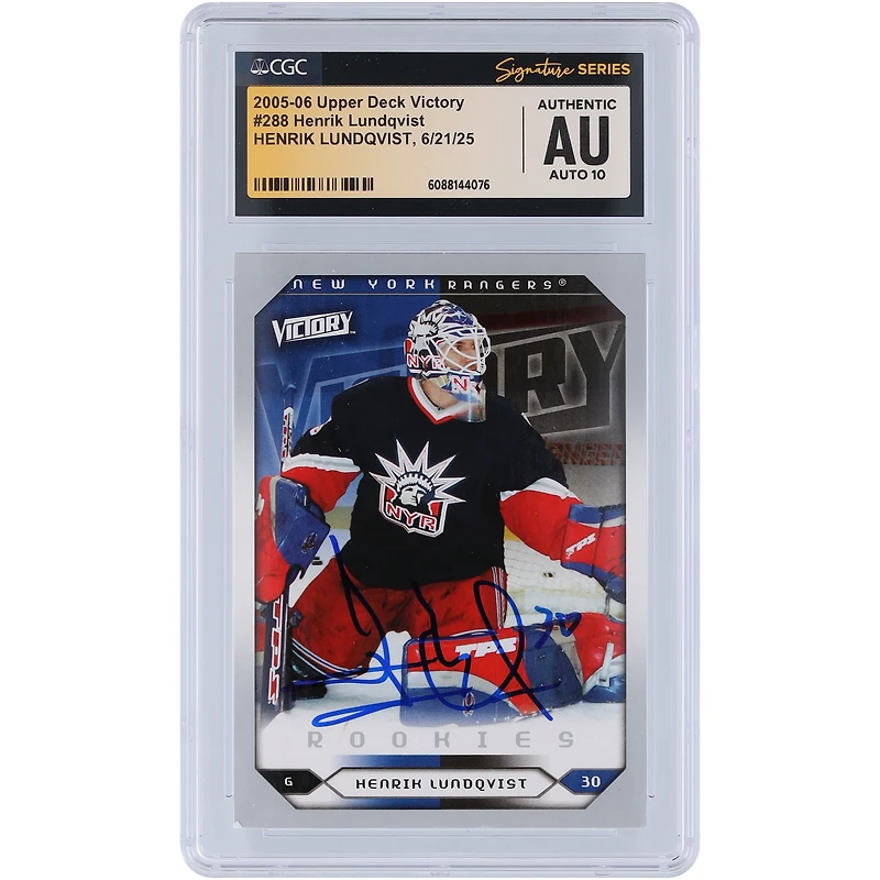 Carte de recrue autographiée de Henrik Lundqvist (New York Rangers), saison 2005-2006, Upper Deck Victory Rookies, numéro 288, certifiée CGC Fanatics Witnessed Auto 10.