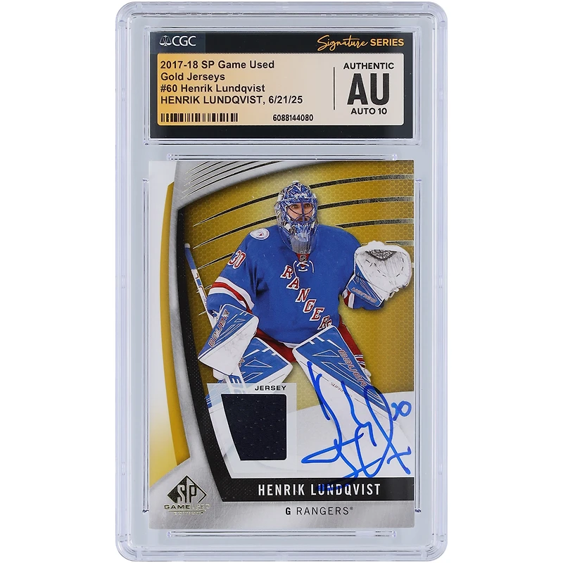 Henrik Lundqvist New York Rangers Autographed 2017-18 Upper Deck SP Game Used Gold Jerseys Relic #60 CGC Fanatics Witnessed Authenticated Auto 10 Card