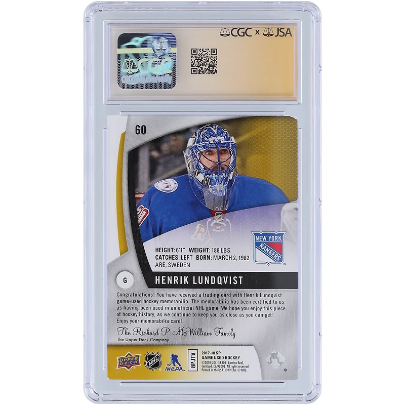 Henrik Lundqvist New York Rangers Autographed 2017-18 Upper Deck SP Game Used Gold Jerseys Relic #60 CGC Fanatics Witnessed Authenticated Auto 10 Card