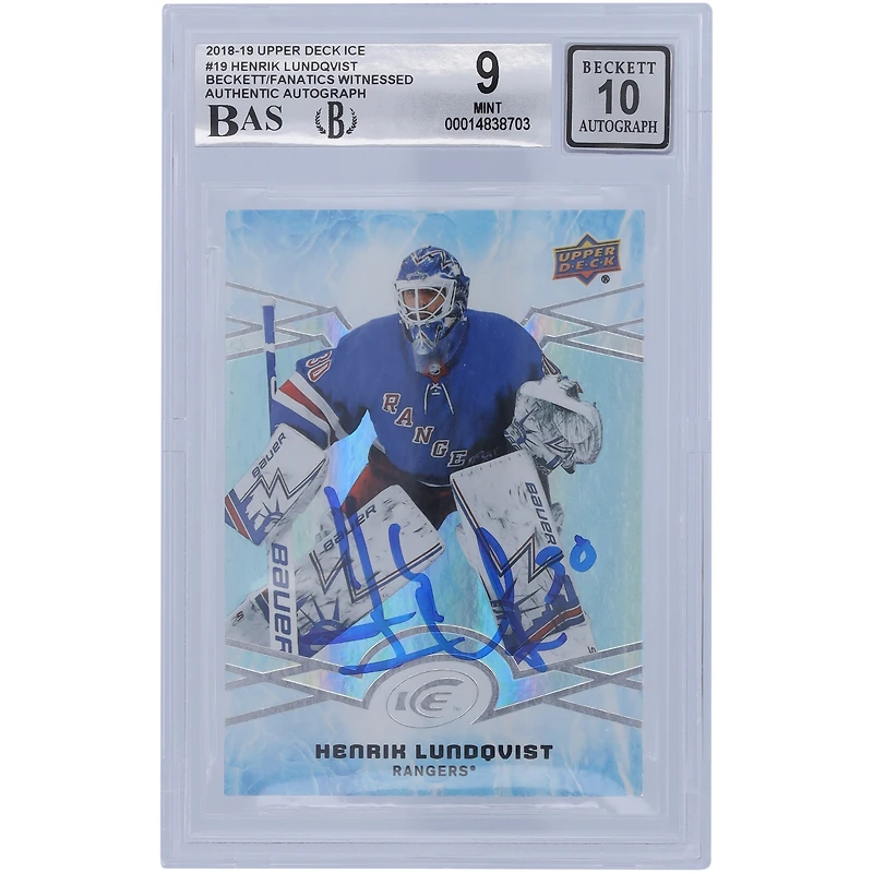 Carte 9/10 authentifiée dédicacée 2018-19 Upper Deck Ice #19 Beckett par Henrik Lundqvist des Rangers de New York - 10/8.5/9.5/9 Sous-catégories