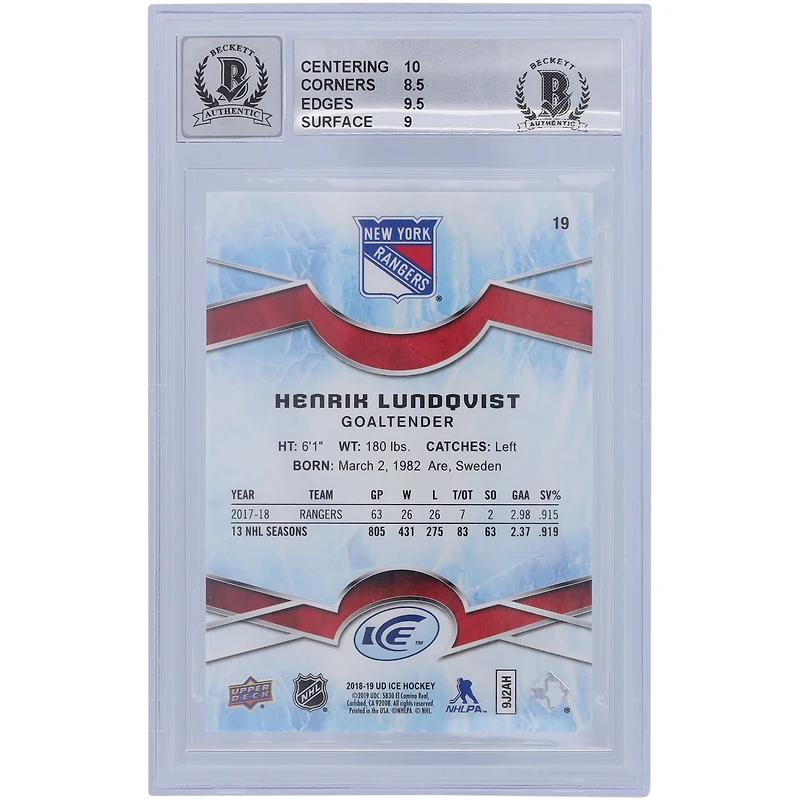 Carte 9/10 authentifiée dédicacée 2018-19 Upper Deck Ice #19 Beckett par Henrik Lundqvist des Rangers de New York - 10/8.5/9.5/9 Sous-catégories