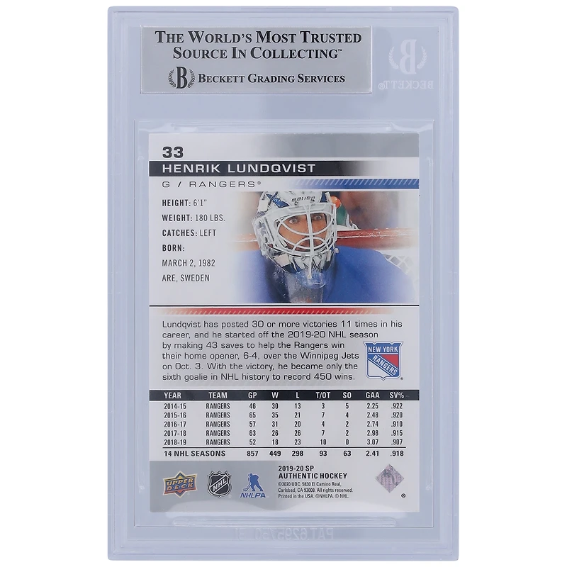 Carte authentique signée Henrik Lundqvist des Rangers de New York 2019-20 Upper Deck SP #33 Beckett Fanatics