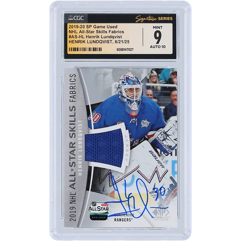 Carte autographiée par Henrik Lundqvist des Rangers de New York, saison 2019-20, Upper Deck SP Game Used All-Star Skills GU Relic #AS-HL, authentifiée par Fanatics Witnessed (CGC, 9/10).