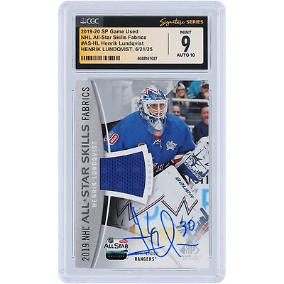 Carte autographiée par Henrik Lundqvist des Rangers de New York, saison 2019-20, Upper Deck SP Game Used All-Star Skills GU Relic #AS-HL, authentifiée par Fanatics Witnessed (CGC, 9/10).
