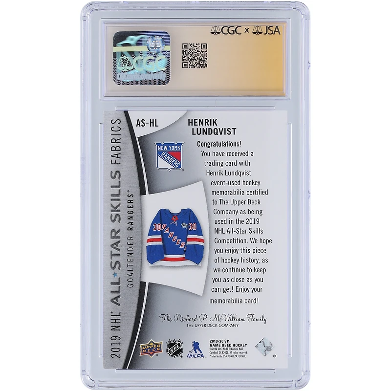 Henrik Lundqvist New York Rangers Autographed 2019-20 Upper Deck SP Game Used All-Star Skills GU Relic #AS-HL CGC Fanatics Witnessed Authenticated Auto 10 Card