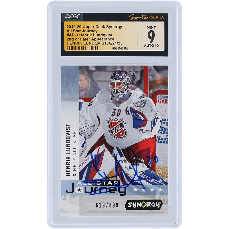 Henrik Lundqvist New York Rangers Autographed 2019-20 Upper Deck Synergy All-Star Journey #AP-3 #/899 CGC Fanatics Witnessed Authenticated 9/10 Card