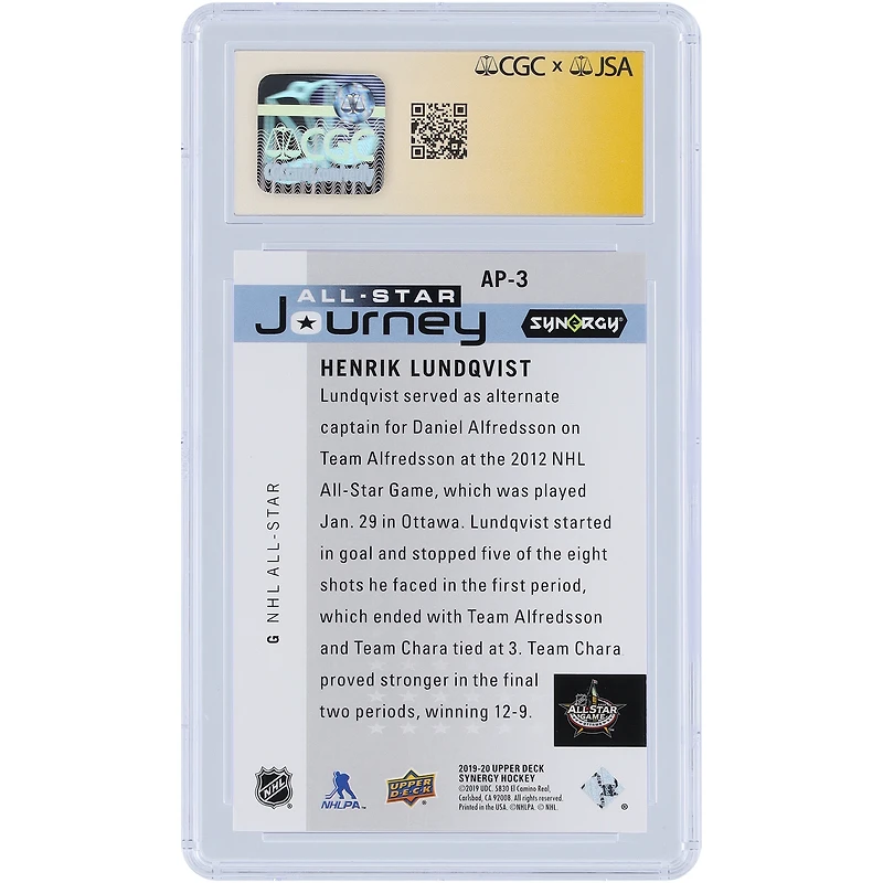 Henrik Lundqvist New York Rangers Autographed 2019-20 Upper Deck Synergy All-Star Journey #AP-3 #/899 CGC Fanatics Witnessed Authenticated 9/10 Card