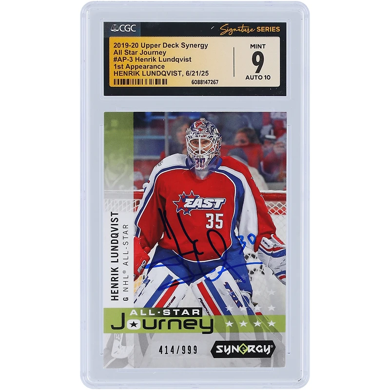 Carte autographiée par Henrik Lundqvist (New York Rangers) de la collection Upper Deck Synergy All-Star Journey 2019-20, numéro AP-3/999, authentifiée par Fanatics Witnessed (CGC, 9/10).