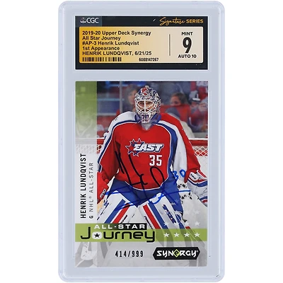 Carte autographiée par Henrik Lundqvist (New York Rangers) de la collection Upper Deck Synergy All-Star Journey 2019-20, numéro AP-3/999, authentifiée par Fanatics Witnessed (CGC, 9/10).