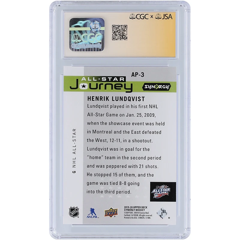 Henrik Lundqvist New York Rangers Autographed 2019-20 Upper Deck Synergy All-Star Journey #AP-3 #/999 CGC Fanatics Witnessed Authenticated Auto 10 Card