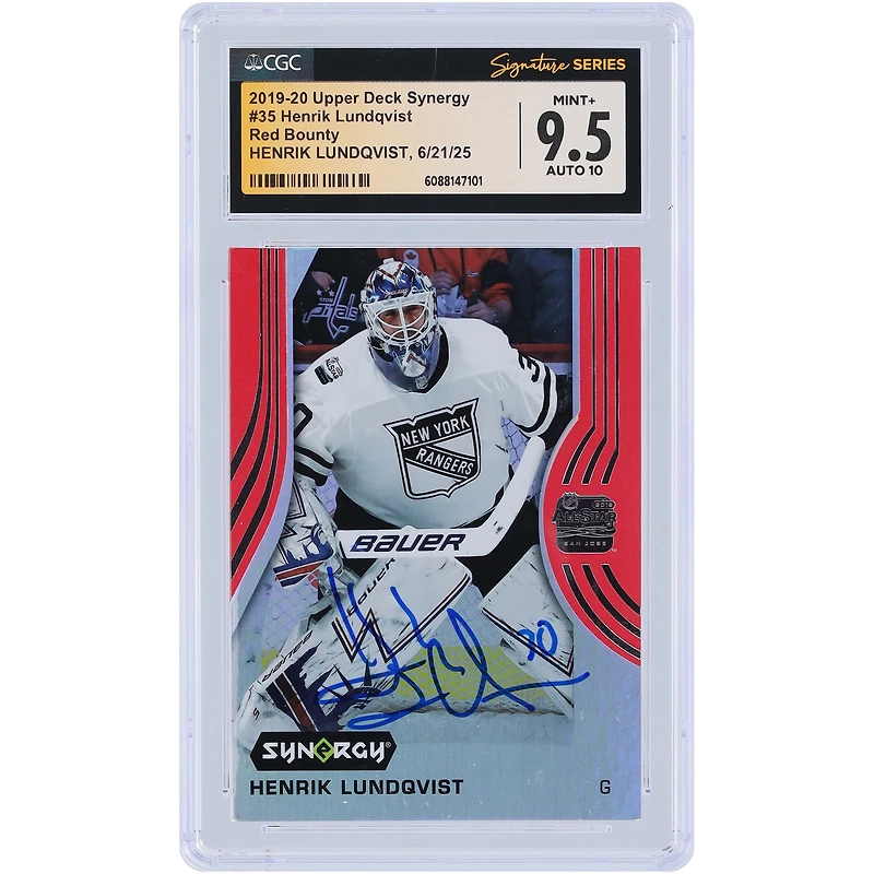 Carte autographiée par Henrik Lundqvist (New York Rangers) 2019-20 Upper Deck Synergy Red n° 35, authentifiée par Fanatics Witnessed (CGC, état 9,5/10).