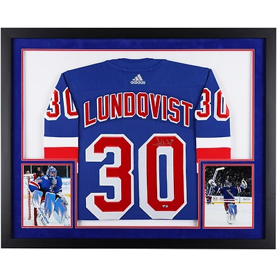 Maillot Adidas authentique bleu de luxe encadré autographié par Henrik Lundqvist des Rangers de New York