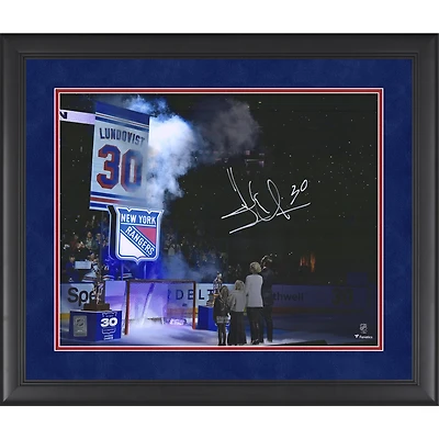 Henrik Lundqvist New York Rangers Autographed Framed 16" x 20" Jersey Retirement Banner Raising Photograph 