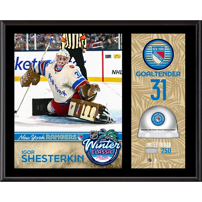Plaque sublimée 12 po x 15 po avec glace utilisée lors d'un match, représentant Igor Shesterkin des Rangers de New York lors du Classique hivernal de la LNH 2026 - Édition limitée à 250 exemplaires