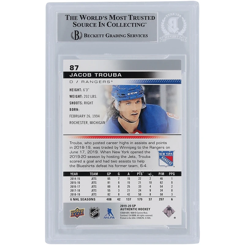 Jacob Trouba New York Rangers Autographed 2019-20 Upper Deck SP Authentic #87 Beckett Fanatics Witnessed Authenticated Card