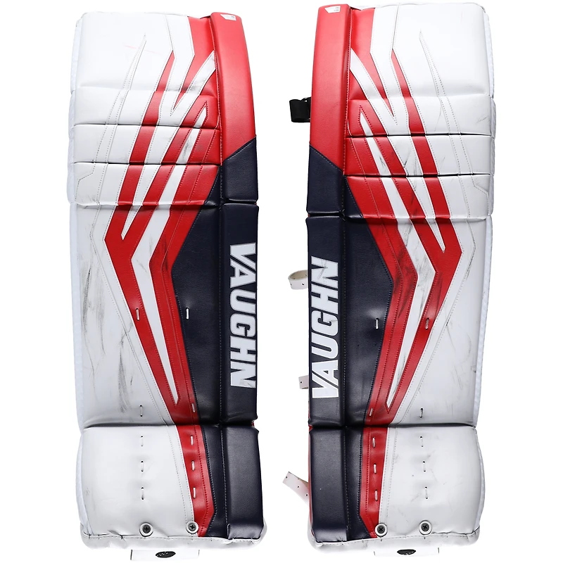 Jambières de gardien de but blanches Vaughn de Jonathan Quick utilisées par les Rangers de New York lors de la saison 2023-24 de la LNH
