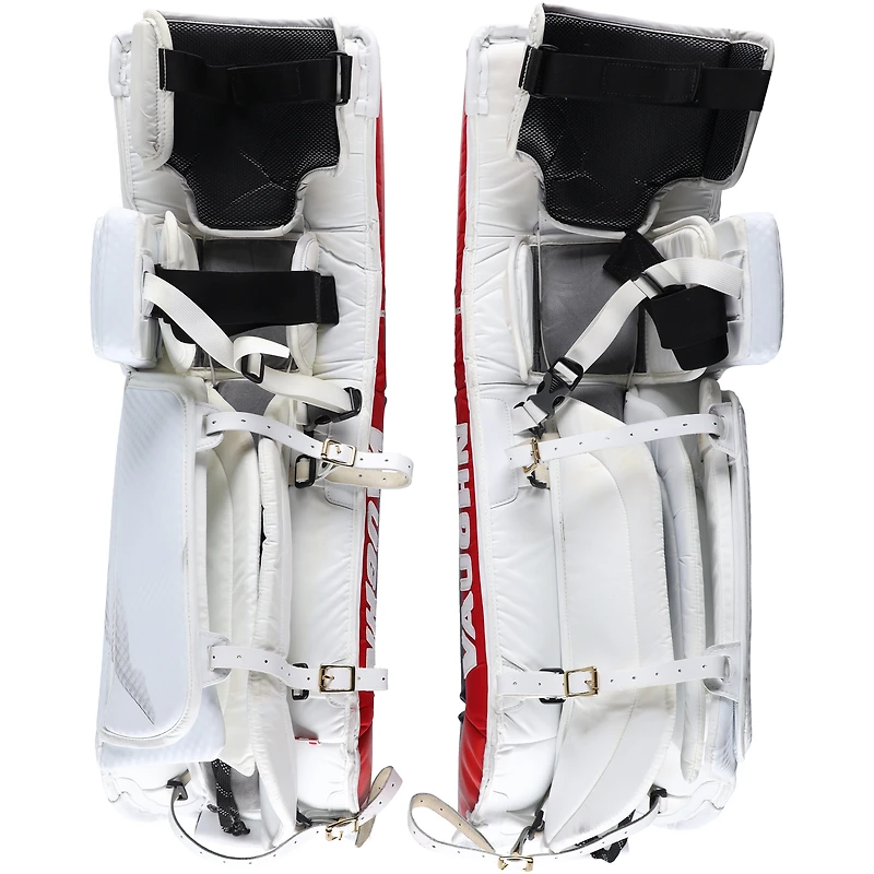 Jambières de gardien de but blanches Vaughn de Jonathan Quick utilisées par les Rangers de New York lors de la saison 2023-24 de la LNH