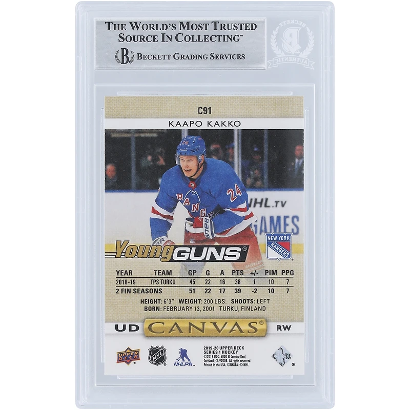 Carte de recrue authentifiée signée Kaapo Kakko New York Rangers 2019-20 Upper Deck Series 1 Young Guns Canvas #C91 Beckett Fanatics