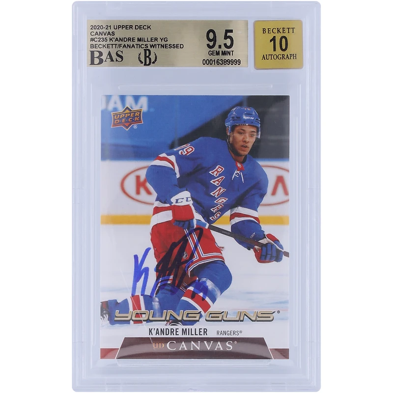 Carte recrue autographiée 9,5/10 de K'Andre Miller des Rangers de New York, Upper Deck Series 2 Young Guns, toile n° C235, Beckett Fanatics, témoin