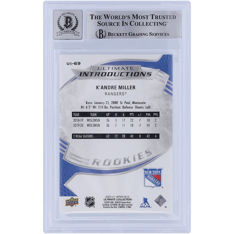 K'Andre Miller New York Rangers Autographed 2020-21 Upper Deck Ultimate Collection Introductions #UI-69 Beckett Fanatics Witnessed Authenticated 9/10 Rookie Card