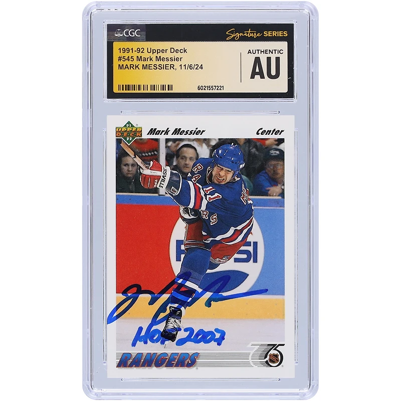 Carte autographiée Upper Deck #545 de 1991-92 des Rangers de New York de Mark Messier, CGC Fanatics Witnessed Authenticated avec l'inscription "HOF 2007"