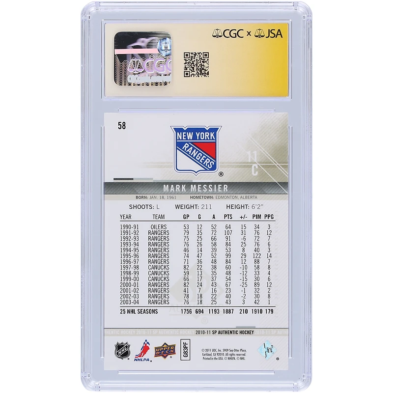 Mark Messier New York Rangers Autographed 2010-11 Upper Deck SP Authentic #58 CGC Fanatics Witnessed Authenticated Auto 10 Card with "HOF 2007" Inscription