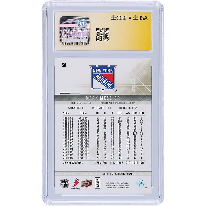 Mark Messier New York Rangers Autographié 11 Upper Deck SP Authentique #58 CGC Fanatics Witnessed Authentifié Auto 10 Carte