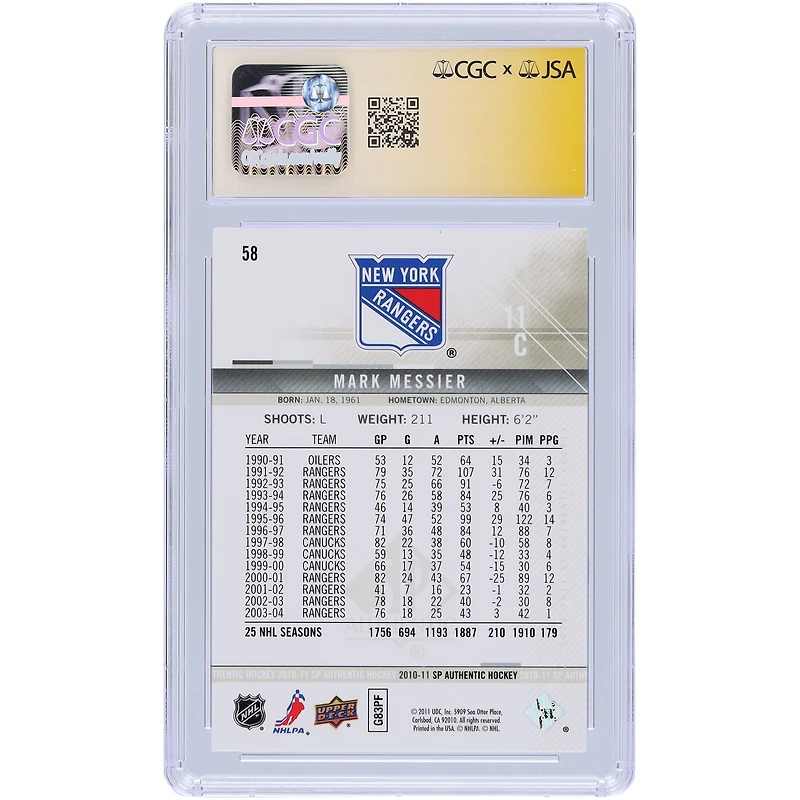 Mark Messier New York Rangers Autographed 2010-11 Upper Deck SP Authentic #58 CGC Fanatics Witnessed Authenticated Card with "HOF 2007" Inscription