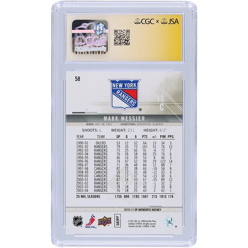 Mark Messier New York Rangers Autographié 11 Upper Deck SP Authentique #58 CGC Fanatics Carte Authentifiée Témoin
