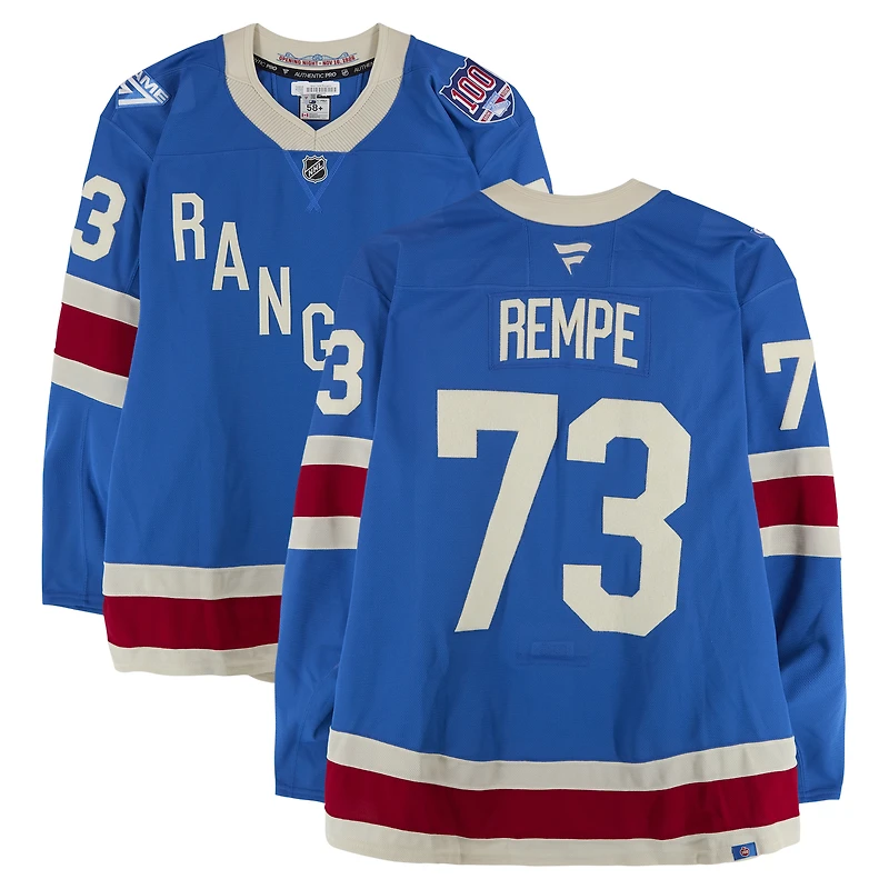 Maillot bleu du centenaire n° 73 porté par Matt Rempe des Rangers de New York contre les Bruins de Boston le 26 janvier 2026