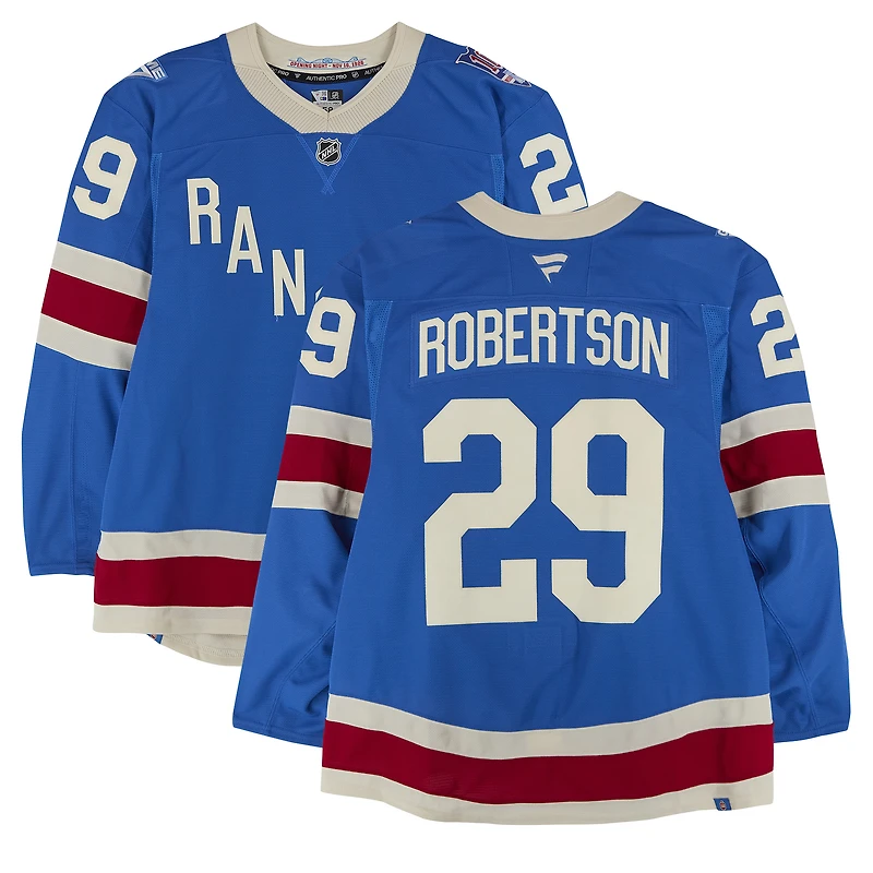 Maillot alternatif bleu n° 29 de Matthew Robertson (New York Rangers) porté lors du match contre les Sabres de Buffalo le 8 avril 2026