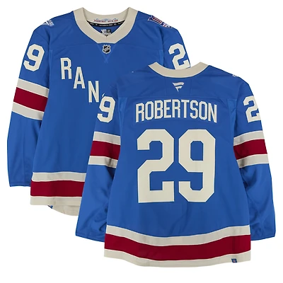 Maillot alternatif bleu n° 29 de Matthew Robertson (New York Rangers) porté lors du match contre les Sabres de Buffalo le 8 avril 2026