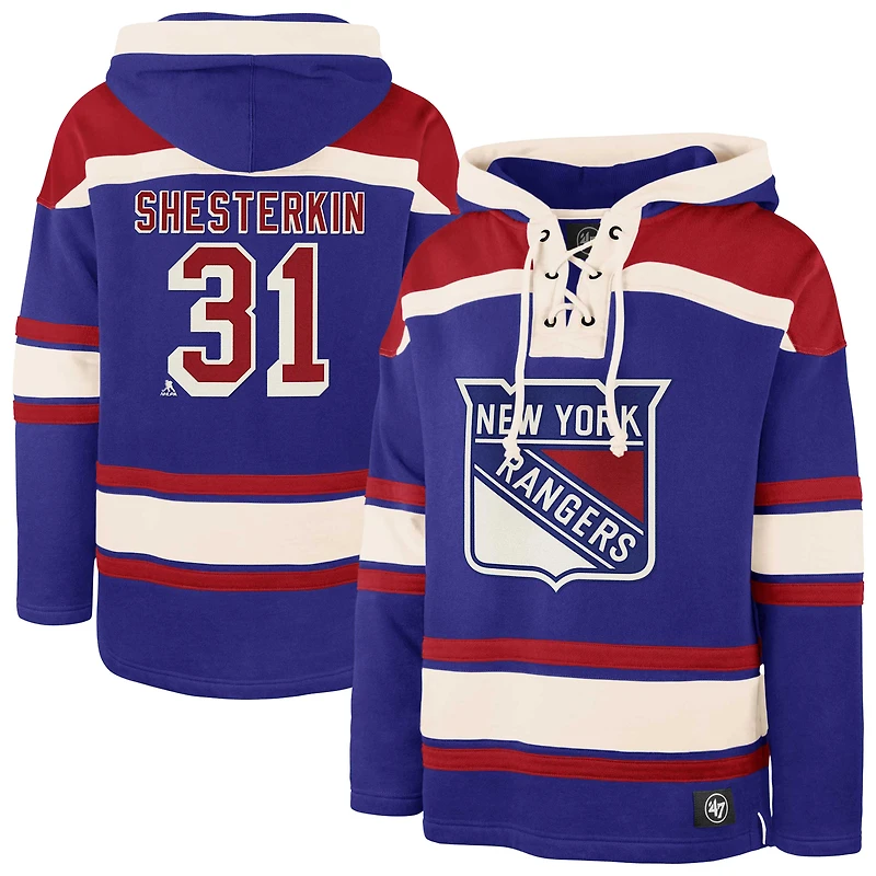 Sweat à capuche bleu '47 Igor Shesterkin pour homme avec nom et numéro de joueur des Rangers New York
